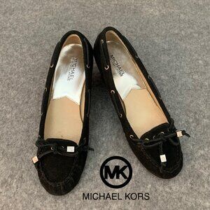 MICHAEL Michael Kors Women's Black Leather Wedge Suede Slip on Heel Bow Shoes